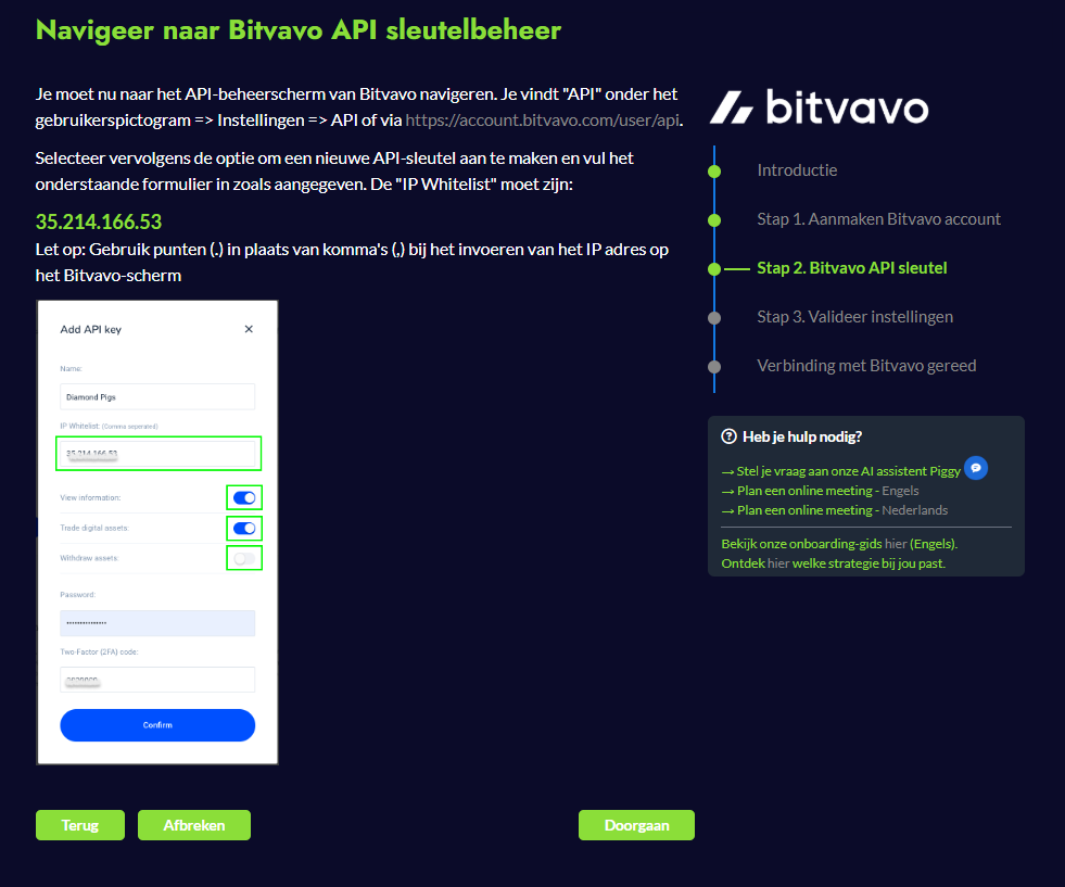 Hoe koppel ik mijn Bitvavo-account aan Diamond Pigs? – Bitvavo Helpcentrum