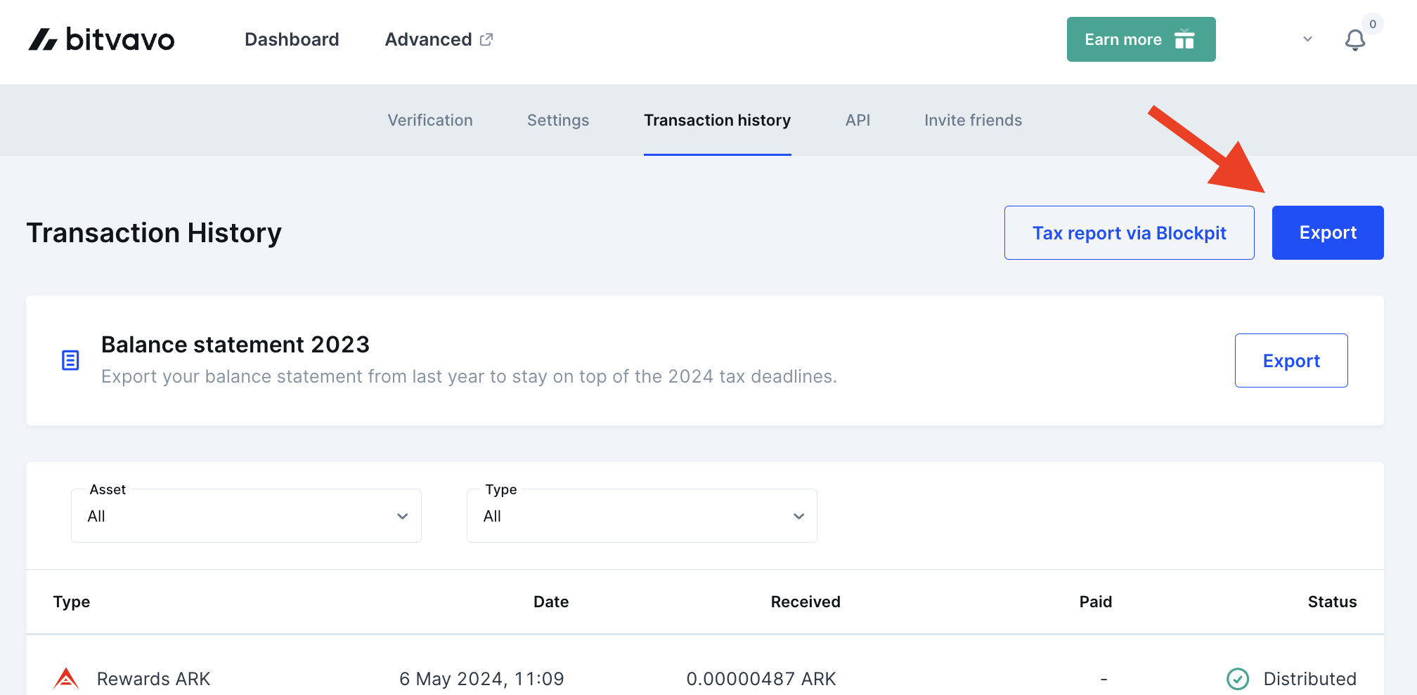 Export button in transaction history