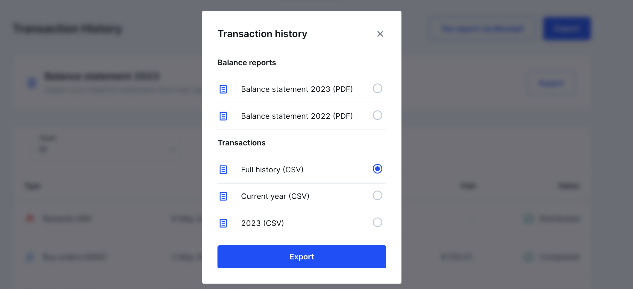 Menu to select balance statement or transaction history