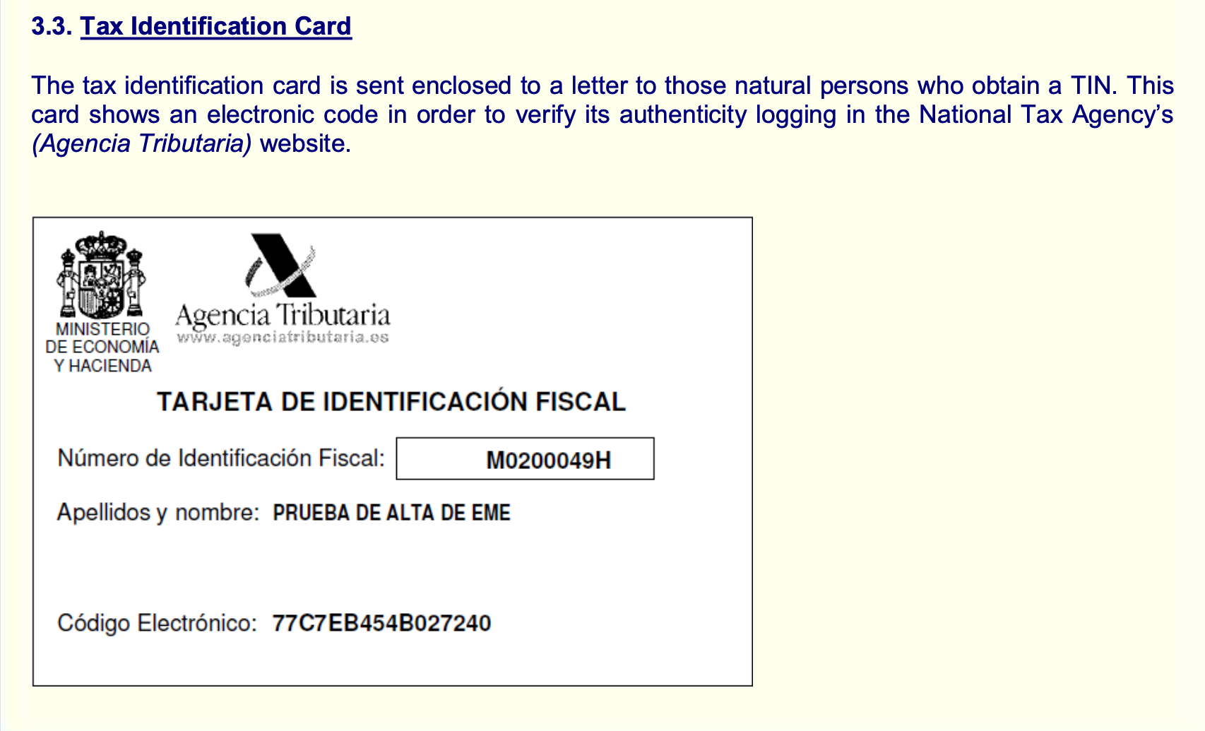 Spain – Tax Identification Card