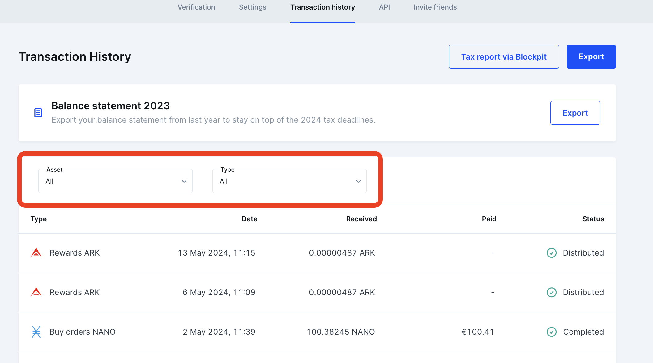 Filtering options for assets and transaction types